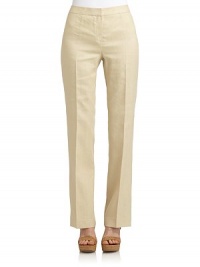 THE LOOKTextured designBanded waist with button and hook closureFront zip closureTrouser silhouetteBack dartsTHE FITRise, about 10Inseam, about 32THE MATERIALLinenCARE & ORIGINDry cleanImportedModel shown is 5'10 (177cm) wearing US size 4. THE LOOKTextured designBanded waist with button and hook closureFront zip closureTrouser silhouetteBack dartsTHE FITRise, about 10Inseam, about 32THE MATERIALLinenCARE & ORIGINDry cleanImportedModel shown is 5'10 (177cm) wearing US size 4.