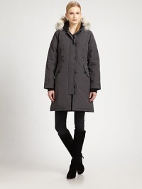 Featuring military-inspired buttons and natural coyote-fur trim, this parka with a fleece-lined hood is a must-have on a snowy trail or when strolling through the city. Attached hoodRibbed-knit cuffsHand-warmer pocketsSlim fitAbout 38 from shoulder to hemFully lined85% polyester/15% cottonFill: 625-fill power white-duck feathersDry cleanImportedFur origin: Canada Model shown is 5'11 (180cm) wearing US size Small. 
