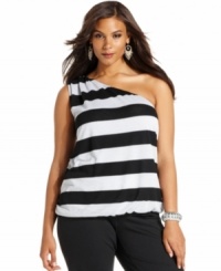 Try out a new, fun and flattering plus size silhouette: INC's one-shouldered tank puts a sexy new spin on classic stripes with a touch of metallic shine. Try out a new, fun and flattering plus size silhouette: INC's one-shouldered tank puts a sexy new spin on classic stripes with a touch of metallic shine.