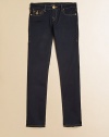 A classic pair of skinny jeans in a dressy dark wash with a feminine, lonestar stitching update.Front button closureAdjustable waistband with buttons and belt loopsZip flyFive-pocket style94% cotton/5% polyester/1% spandexMachine washMade in USA of imported fabric