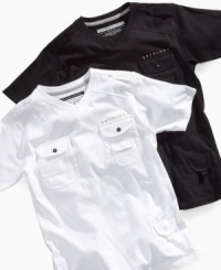 Function and style. Extra pockets on this v-neck tee from Sean John enhance his street style and give him extra room to store his stuff. Function and style. Extra pockets on this v-neck tee from Sean John enhance his street style and give him extra room to store his stuff.