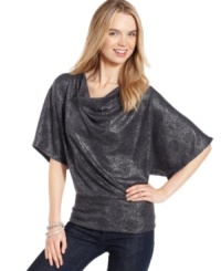 NY Collection's luminous metallic cowlneck top features dramatic sleeves and a look that's ready for a night on the town. NY Collection's luminous metallic cowlneck top features dramatic sleeves and a look that's ready for a night on the town.