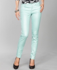 The sparkly, ice-blue fabric of INC's skinny jeans is sure to make heads turn! The sparkly, ice-blue fabric of INC's skinny jeans is sure to make heads turn!