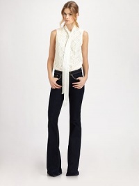 Delicate floral lace in an airy sleeveless button-down finished with a chic tie-front collar.Concealed button placketFlat frontStraight hemBack box pleat77% cotton/23% polyesterDry cleanImportedModel shown is 5'9½ (175cm) wearing US size 4. Delicate floral lace in an airy sleeveless button-down finished with a chic tie-front collar.Concealed button placketFlat frontStraight hemBack box pleat77% cotton/23% polyesterDry cleanImportedModel shown is 5'9½ (175cm) wearing US size 4.