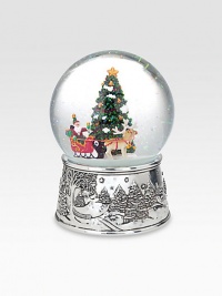 A festive delight, this musical snow globe displays a beautifully decorated tree, Santa and his reindeer, to the tune of Jingle Bells.Intricately detailed silverplate base6.25HElegantly packaged for gift-giving and storageImported