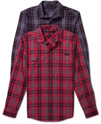 This Sean John plaid will add rugged cool style to your shirt collection. This Sean John plaid will add rugged cool style to your shirt collection.