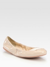 Patent leather scrunch ballet flats with criss-cross elastic detail. Patent leather upperLeather liningRubber solePadded insoleImportedOUR FIT MODEL RECOMMENDS ordering one half size up as this style runs small. Patent leather scrunch ballet flats with criss-cross elastic detail. Patent leather upperLeather liningRubber solePadded insoleImportedOUR FIT MODEL RECOMMENDS ordering one half size up as this style runs small.