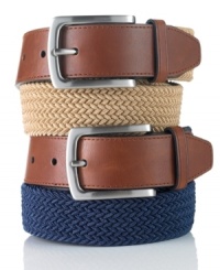 With a sporty cotton and leather fabrication, this belt from Club Room is perfect with your favorite pair of jeans or khakis. With a sporty cotton and leather fabrication, this belt from Club Room is perfect with your favorite pair of jeans or khakis.