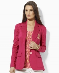 Lauren by Ralph Lauren tailored the petite Georgina jacket in sleek stretch cotton twill with a signature embroidered crest for a preppy look. (Clearance) Lauren by Ralph Lauren tailored the petite Georgina jacket in sleek stretch cotton twill with a signature embroidered crest for a preppy look. (Clearance)