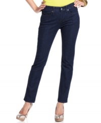 A flattering dark hue and straight fit make these petite jeans from Levi's swoon-worthy! Wear them with sky-high heels for a sizzling effect. A flattering dark hue and straight fit make these petite jeans from Levi's swoon-worthy! Wear them with sky-high heels for a sizzling effect.