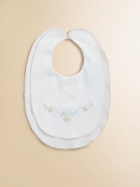 A soft, double-layered cotton bib is finished with sweet floral embroidery and scalloped trim.Single button closureCottonMachine washImported A soft, double-layered cotton bib is finished with sweet floral embroidery and scalloped trim.Single button closureCottonMachine washImported