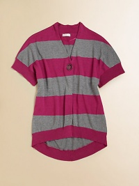 Bold stripes liven up this cozy, stylish front-button knit with hi-lo hem.V-neckLong sleevesFront button closureHi-lo hem60% rayon/40% cottonHand washImported Please note: Number of buttons may vary depending on size ordered. Bold stripes liven up this cozy, stylish front-button knit with hi-lo hem.V-neckLong sleevesFront button closureHi-lo hem60% rayon/40% cottonHand washImported Please note: Number of buttons may vary depending on size ordered.