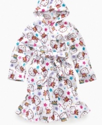 She'll love wrapping herself in this plush robe with delicate ruffle hem and soft hood by Hello Kitty. She'll love wrapping herself in this plush robe with delicate ruffle hem and soft hood by Hello Kitty.