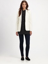Flawlessly tailored blazer in a lengthy silhouette with front besom pockets and a back vent for easy movement Notched shawl collarLong sleeves with buttoned cuffsFront besom pocketsSingle button closureBack ventFully linedAbout 26 from shoulder to hemBody: Polyester/viscose/elastaneContrast: PolyesterDry cleanImportedModel shown is 5'9 (176cm) wearing US size 2. Flawlessly tailored blazer in a lengthy silhouette with front besom pockets and a back vent for easy movement Notched shawl collarLong sleeves with buttoned cuffsFront besom pocketsSingle button closureBack ventFully linedAbout 26 from shoulder to hemBody: Polyester/viscose/elastaneContrast: PolyesterDry cleanImportedModel shown is 5'9 (176cm) wearing US size 2.