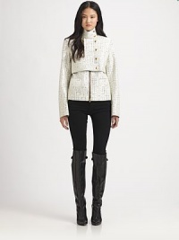 Tailored with lacquered tweed, this modern jacket has a stand collar, military-inspired asymmetrical overlay and strategically placed zippers. Buttoned stand collarButtoned asymmetrical overlayFront zipperZippered slash pocketLong sleeves with zippered cuffsFully linedAbout 23 from shoulder to hem49% cotton/24% polyamide/22% wool/3% elastane/2% viscoseDry cleanImported of Italian fabricModel shown is 5'10 (177cm) wearing US size 2. Tailored with lacquered tweed, this modern jacket has a stand collar, military-inspired asymmetrical overlay and strategically placed zippers. Buttoned stand collarButtoned asymmetrical overlayFront zipperZippered slash pocketLong sleeves with zippered cuffsFully linedAbout 23 from shoulder to hem49% cotton/24% polyamide/22% wool/3% elastane/2% viscoseDry cleanImported of Italian fabricModel shown is 5'10 (177cm) wearing US size 2.