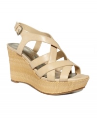 Smooth leather straps give the Gleena wedges by Marc Fisher a caged feel, while the neutral color keeps things sophisticated. Smooth leather straps give the Gleena wedges by Marc Fisher a caged feel, while the neutral color keeps things sophisticated.