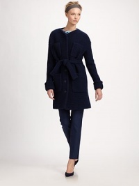 Soft, chunky knit wool, in an oversized cardigan style cinched with a matching sash belt.Button frontDropped shoulderPatch pocketsCuffed sleevesSelf tie beltAbout 37 from shoulder to hemWoolDry cleanMade in Italy of imported fabricModel shown is 5'9 (175cm) wearing US size 4. Soft, chunky knit wool, in an oversized cardigan style cinched with a matching sash belt.Button frontDropped shoulderPatch pocketsCuffed sleevesSelf tie beltAbout 37 from shoulder to hemWoolDry cleanMade in Italy of imported fabricModel shown is 5'9 (175cm) wearing US size 4.