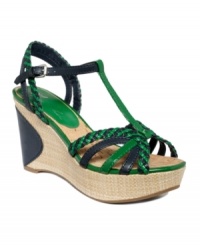 A modern update to a retro style. Marc Fisher's Obetter wedge sandals bring the 70's to the present with colorblock braided details and a trendy t strap. A modern update to a retro style. Marc Fisher's Obetter wedge sandals bring the 70's to the present with colorblock braided details and a trendy t strap.