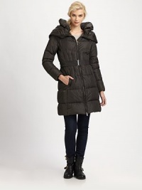 Quilted coat with a drawstring collar that conveniently converts into a hood and a waist-defining belt.Convertible shawl collarDouble zipperSlash pocketsBelted silhouetteAbout 32 from shoulder to hemNylonFill: goose down feathersDry cleanImported Model shown is 5'10 (177cm) wearing US size 4. Quilted coat with a drawstring collar that conveniently converts into a hood and a waist-defining belt.Convertible shawl collarDouble zipperSlash pocketsBelted silhouetteAbout 32 from shoulder to hemNylonFill: goose down feathersDry cleanImported Model shown is 5'10 (177cm) wearing US size 4.