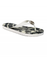 Tie-dyed flip flops are always fun. MICHAEL by Michael Kors' MK flip flops feature a metallic brand logo on the vamp. Tie-dyed flip flops are always fun. MICHAEL by Michael Kors' MK flip flops feature a metallic brand logo on the vamp.