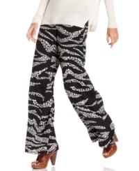 With leopard-patterned zebra stripes, these Kensie palazzo pants are wide and relaxed as a stylish '90s throwback -- pair it with a slouchy shirt for a fashion-forward look! With leopard-patterned zebra stripes, these Kensie palazzo pants are wide and relaxed as a stylish '90s throwback -- pair it with a slouchy shirt for a fashion-forward look!