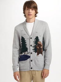 A charming wild forest scene highlights the front of this chunky shawl-collar design.Shawl collar Button front Long sleeves with ribbed cuffs Dual front patch pockets Ribbed hem 80% cotton/20% polyester Dry clean Imported A charming wild forest scene highlights the front of this chunky shawl-collar design.Shawl collar Button front Long sleeves with ribbed cuffs Dual front patch pockets Ribbed hem 80% cotton/20% polyester Dry clean Imported
