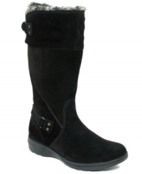 Cool-weather style. The Sheba Ayer boots by Clarks are lined in faux fur and feature a Velcro buckle strap at the top of the shaft and a zipper down the side. Cool-weather style. The Sheba Ayer boots by Clarks are lined in faux fur and feature a Velcro buckle strap at the top of the shaft and a zipper down the side.