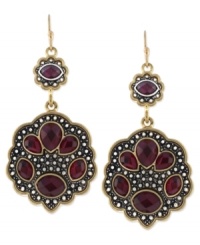 Make it a red-letter day-twice over. This pair of double drop earrings from Jessica Simpson is crafted from gold-tone mixed metal with faceted red stones and silver-tone accents adding a touch that's both bold and beautiful. Approximate drop: 3 inches. Make it a red-letter day-twice over. This pair of double drop earrings from Jessica Simpson is crafted from gold-tone mixed metal with faceted red stones and silver-tone accents adding a touch that's both bold and beautiful. Approximate drop: 3 inches.