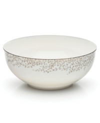 Fringed with shimmering leaves of platinum and mica, this bone china vegetable bowl turns your table into a springtime utopia. Its sleek coupe shape is a vision of modern elegance in platinum-banded white. Fringed with shimmering leaves of platinum and mica, this bone china vegetable bowl turns your table into a springtime utopia. Its sleek coupe shape is a vision of modern elegance in platinum-banded white.