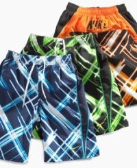 It's electric! He'll be charged up to put on these bright, laser plaid swim trunks from Nike. It's electric! He'll be charged up to put on these bright, laser plaid swim trunks from Nike.