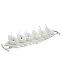 The Natura tasting set from Godinger combines an elegant porcelain tray and bowls with a chrome rack, ensuring your table is pretty but protected. Handles make things easier for the host. The Natura tasting set from Godinger combines an elegant porcelain tray and bowls with a chrome rack, ensuring your table is pretty but protected. Handles make things easier for the host.