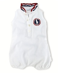 A red, white and blue design finished with USA patching, cute ruffles and embroidered emblems gives a preppy all-American look to an adorable bubble celebrating Team USA's participation in the 2012 Olympics. A red, white and blue design finished with USA patching, cute ruffles and embroidered emblems gives a preppy all-American look to an adorable bubble celebrating Team USA's participation in the 2012 Olympics.