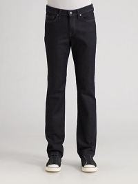 A clean wash with a matte finish and subtle abrasions is tailored with slim, tapered legs in dressed-up Italian denim. Five-pocket style Zip fly Inseam, about 33 Machine wash Made in USA A clean wash with a matte finish and subtle abrasions is tailored with slim, tapered legs in dressed-up Italian denim. Five-pocket style Zip fly Inseam, about 33 Machine wash Made in USA