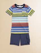 A cozy crewneck with cool stripes and a convenient patch pocket, paired with cargo shorts, make this set a must-have for your little man.CrewneckShort sleevePullover stylePatch pocketElastic waistSide cargo pocket50% pima cotton/50% modalMachine washImported