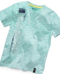 This DKNY tee has a cool colored texture and a horizontal logo. This DKNY tee has a cool colored texture and a horizontal logo.