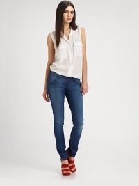 Ultra-stretchy and soft, these faded denim skinnies hug your curves like second skin.THE FITRise, about 7Inseam, about 32THE DETAILSZip flyFive-pocket styleSignature stitch back flap pockets97% cotton/3% LycraMachine washMade in USA of imported fabricModel shown is 5'9 (175cm) wearing US size 4. Ultra-stretchy and soft, these faded denim skinnies hug your curves like second skin.THE FITRise, about 7Inseam, about 32THE DETAILSZip flyFive-pocket styleSignature stitch back flap pockets97% cotton/3% LycraMachine washMade in USA of imported fabricModel shown is 5'9 (175cm) wearing US size 4.