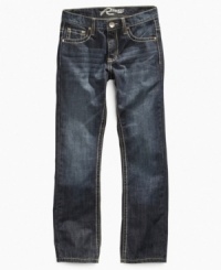 A boot cut style gives him room to move, these Request denim sharpen his modern style. A boot cut style gives him room to move, these Request denim sharpen his modern style.
