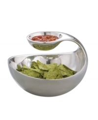 Over-the-top stunning. Two metal bowls connected by a graceful arc make whatever you put in the Scoop server a guaranteed crowd pleaser. A clever gift for modern couples and innovative way to serve pita and hummus or chips with onion dip. By Wei Young for Nambe's collection of serveware and serving dishes. Over-the-top stunning. Two metal bowls connected by a graceful arc make whatever you put in the Scoop server a guaranteed crowd pleaser. A clever gift for modern couples and innovative way to serve pita and hummus or chips with onion dip. By Wei Young for Nambe's collection of serveware and serving dishes.
