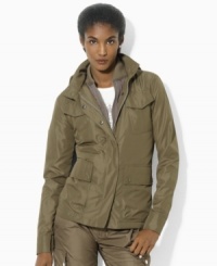 Crafted with a quilted lining and stowaway hood, Lauren Ralph Lauren's chic microfiber jacket is ideal for layering on breezy days. Crafted with a quilted lining and stowaway hood, Lauren Ralph Lauren's chic microfiber jacket is ideal for layering on breezy days.