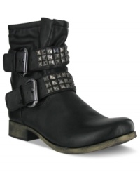 A little rugged boot that's just begging for adventure. The Crusader booties by Mia feature a cute duo of studded straps that buckle across the vamp. A little rugged boot that's just begging for adventure. The Crusader booties by Mia feature a cute duo of studded straps that buckle across the vamp.