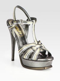 Bands of metallic leather shape this lust-worthy design, with a towering heel and adjustable ankle strap. Self-covered heel, 5¼ (130mm)Covered platform, 1 (25mm)Compares to a 4¼ heel (110mm)Metallic leather upperLeather lining and solePadded insoleMade in ItalyOUR FIT MODEL RECOMMENDS ordering one half size up as this style runs small. Bands of metallic leather shape this lust-worthy design, with a towering heel and adjustable ankle strap. Self-covered heel, 5¼ (130mm)Covered platform, 1 (25mm)Compares to a 4¼ heel (110mm)Metallic leather upperLeather lining and solePadded insoleMade in ItalyOUR FIT MODEL RECOMMENDS ordering one half size up as this style runs small.