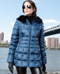 Smooth satin and cool quilting provide a sleek counterpoint to the luxurious faux fur hood on Laundry's cozy puffer coat. Smooth satin and cool quilting provide a sleek counterpoint to the luxurious faux fur hood on Laundry's cozy puffer coat.