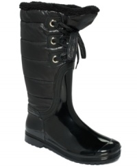 Cozy up top and all shine down below. Sporto's Sarina boots have a durable, shiny rubber upper that protects you from the elements and a fabric shaft that keeps your cozy and warm. Cozy up top and all shine down below. Sporto's Sarina boots have a durable, shiny rubber upper that protects you from the elements and a fabric shaft that keeps your cozy and warm.