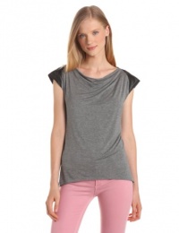 C&C California Women's Stretch Cap Sleeve High Loww Tee With Faux Leather Trim, Slate Heather Grey, Medium C&C California Women's Stretch Cap Sleeve High Loww Tee With Faux Leather Trim, Slate Heather Grey, Medium