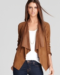 Rendered in supple leather, this draped MICHAEL Michael Kors jacket lends a chic finish to the most casual of looks. Rendered in supple leather, this draped MICHAEL Michael Kors jacket lends a chic finish to the most casual of looks.