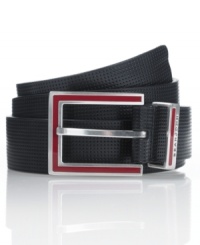 Infuse some color into your look with this sleek perforated leather dress belt from Sean John, finished with a silver-toned buckle and a flash of red. Infuse some color into your look with this sleek perforated leather dress belt from Sean John, finished with a silver-toned buckle and a flash of red.