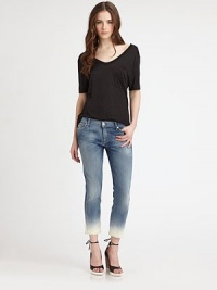 Slim, sexy and fitted in stretchy, vintage wash denim that hits just above the ankleTHE FITSkinny fitRise, about 7½Inseam, about 26THE DETAILSBleach detailing at hemZip flyFive-pocket style74% cotton/24% nylon/2% spandexMachine washMade in USA of imported fabricModel shown is 5'9½ (176cm) wearing US size 4. Slim, sexy and fitted in stretchy, vintage wash denim that hits just above the ankleTHE FITSkinny fitRise, about 7½Inseam, about 26THE DETAILSBleach detailing at hemZip flyFive-pocket style74% cotton/24% nylon/2% spandexMachine washMade in USA of imported fabricModel shown is 5'9½ (176cm) wearing US size 4.