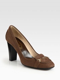 Signature double T hardware completes this suede pump with a powerful stacked heel. Stacked heel, 3½ (90mm)Suede upperLeather liningRubber solePadded insoleMade in Italy Signature double T hardware completes this suede pump with a powerful stacked heel. Stacked heel, 3½ (90mm)Suede upperLeather liningRubber solePadded insoleMade in Italy