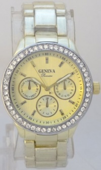 Geneva Quartz Chronograph-style Look Rhinestone on Bezel Gold Metal Band Geneva Quartz Chronograph-style Look Rhinestone on Bezel Gold Metal Band