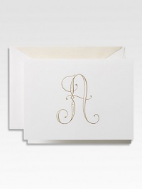 A modern take on a classic hand-drawn monograms from Crane's archives, an initial note for the demure starlet in all of us. Unapologetic swirls and curls aim to please on this set of flat cards.Set of 10 cards and envelopesApprox. 4½ X 6Made in USA